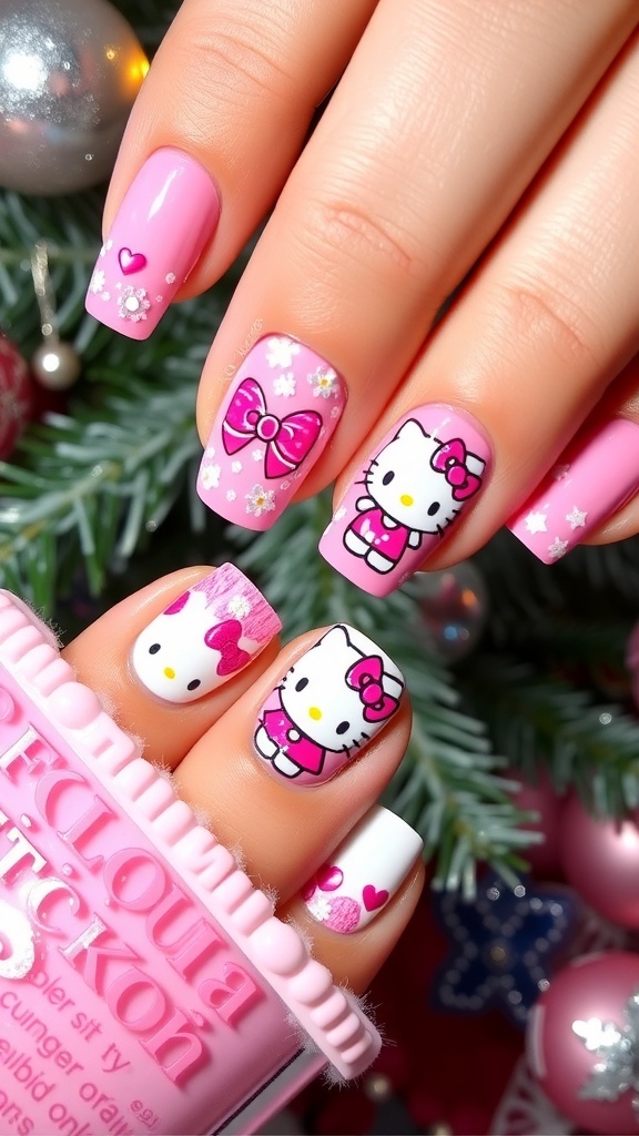 Hello Kitty Pink and White Christmas Nail Art Hello Kitty themed pink and white Christmas nails with festive designs.